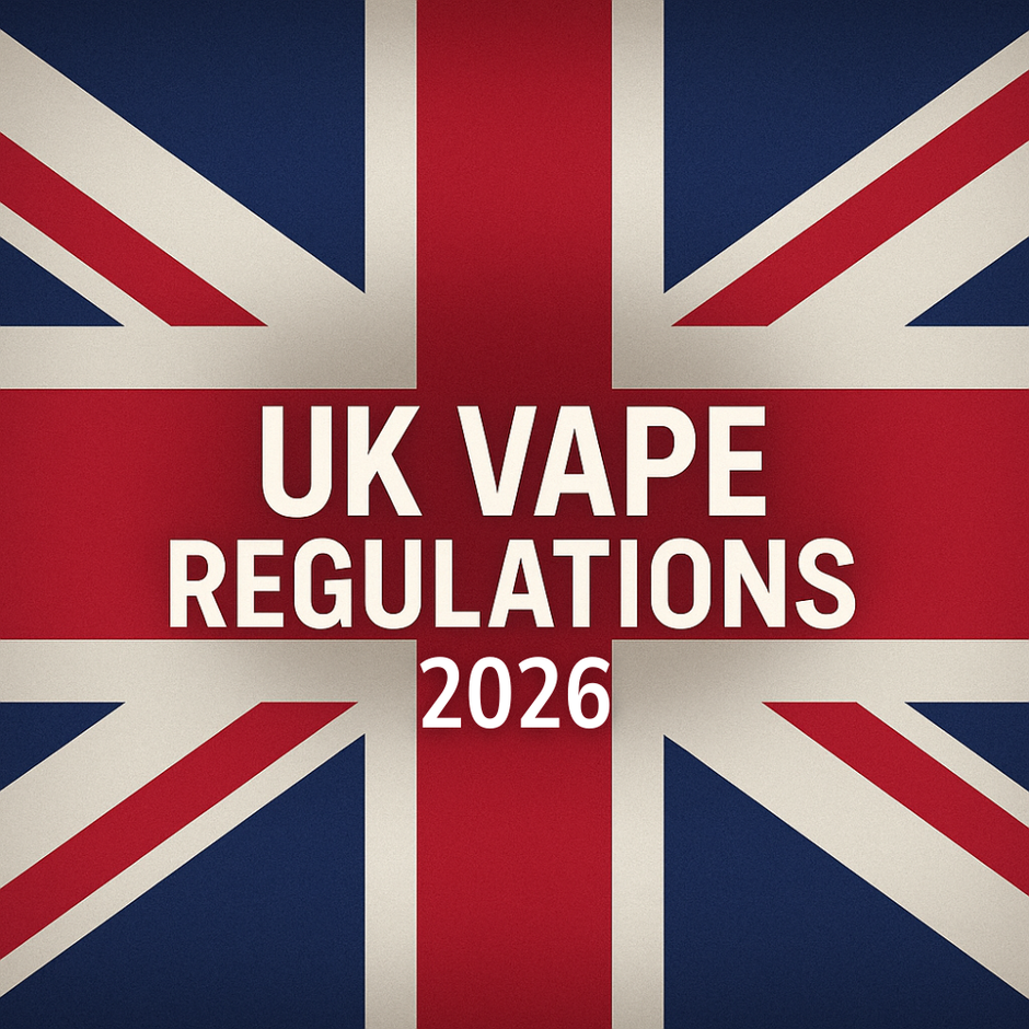 UK flag background with bold white text reading ‘UK Vape Regulations’, representing national vaping laws and 2026 regulation updates.