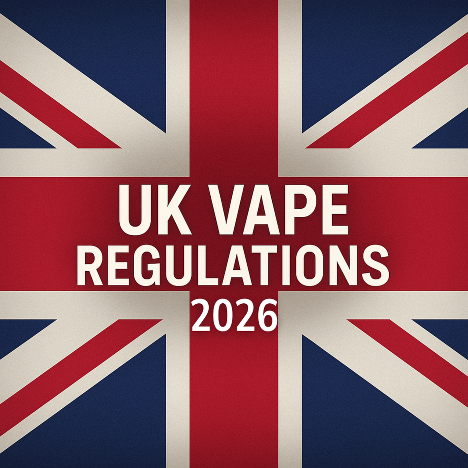 UK flag background with bold white text reading ‘UK Vape Regulations’, representing national vaping laws and 2026 regulation updates.