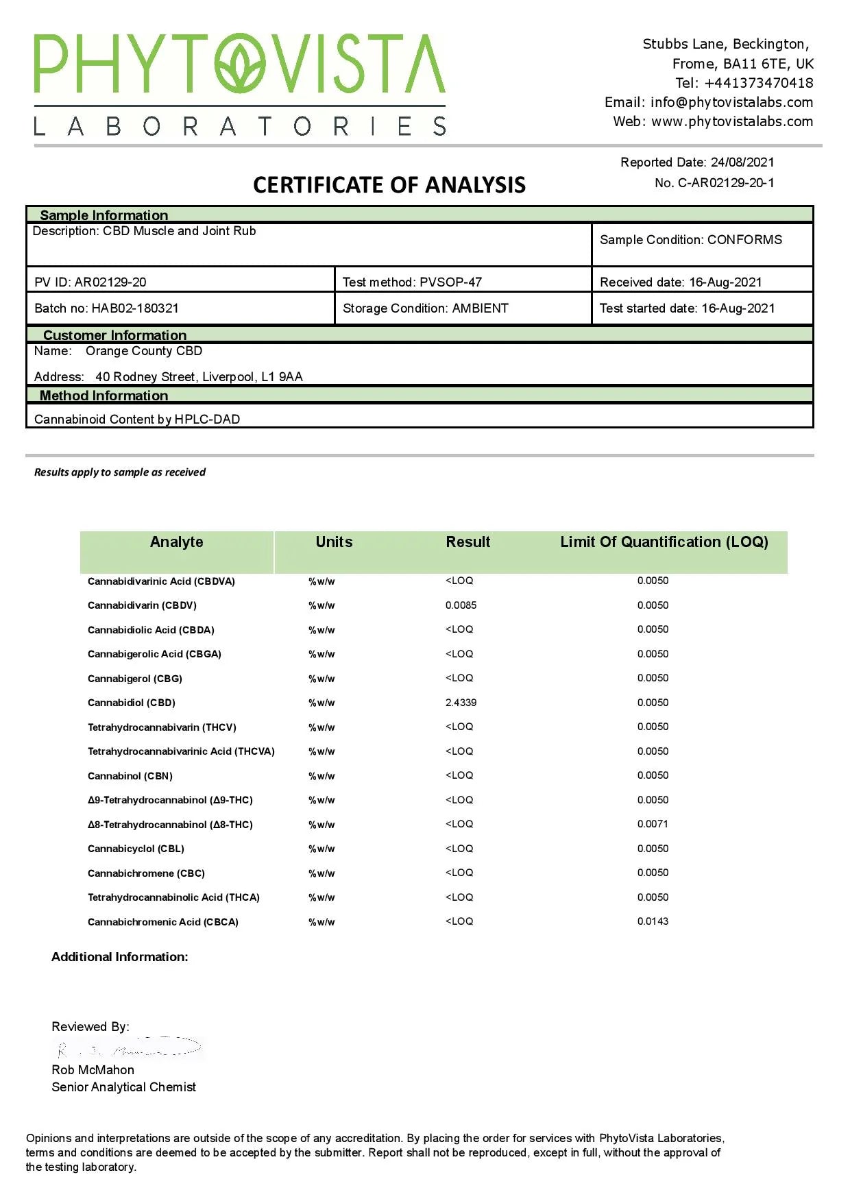 Orange County 2000mg CBD Muscle and Joint Balm Product 100ml