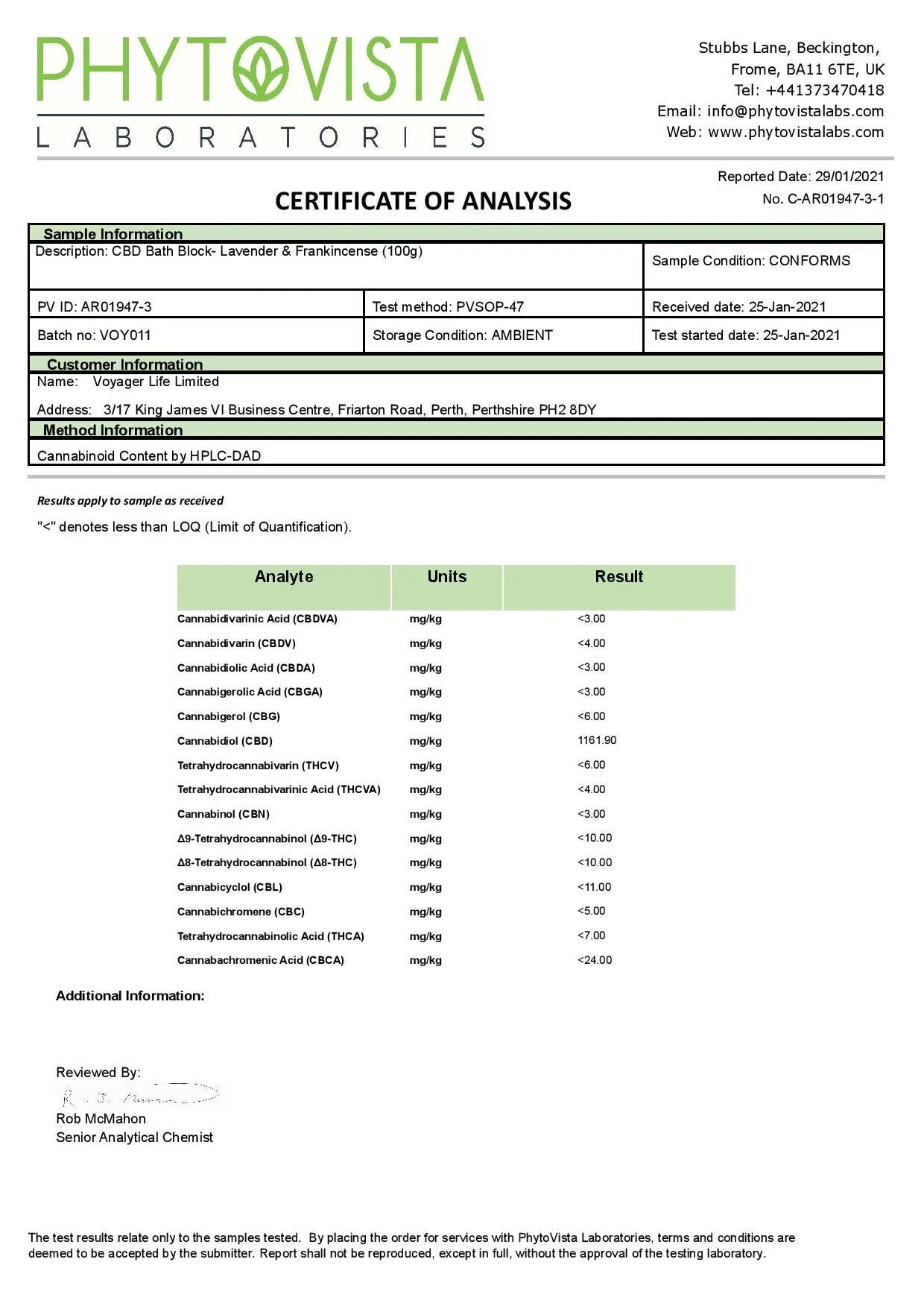 Voyager 100mg CBD Lavender & Frankincense Bath Block Product 100g